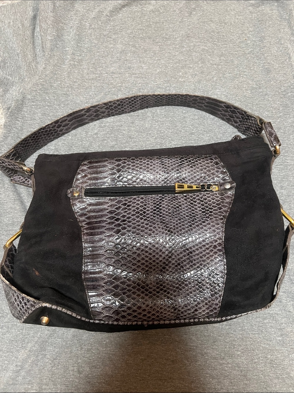 Daisy Fuentes Black Shoulder Bag with Gray Faux Snakeskin Accents